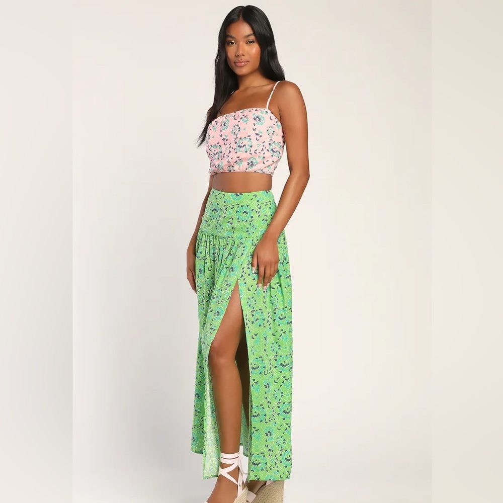 Lulus Best Matched Pink and Green Multi Print Two-Piece Maxi Dress size small